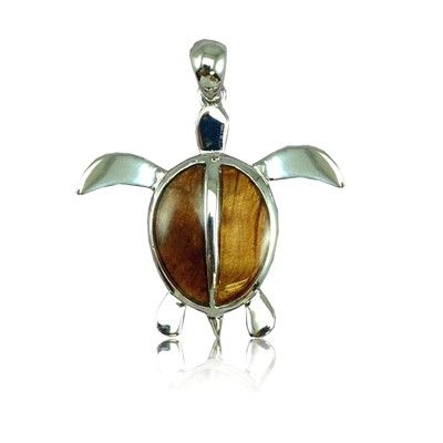 Sterling Silver Hawaiian Koa Wood Sea Turtle Pendant