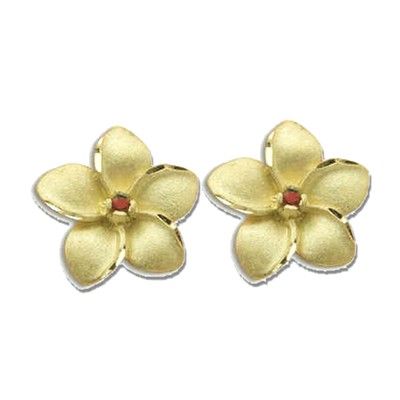 14K Yellow Gold 15mm Hawaiian Plumeria with Ruby Pierced Earrings