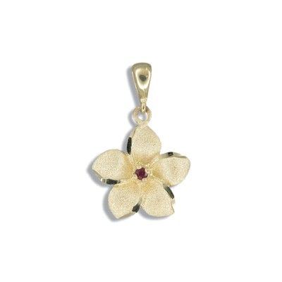 14kt Yellow Gold 15mm Hawaiian Plumeria with Ruby Pendant