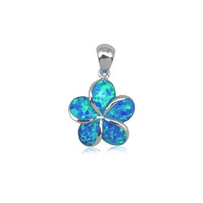 Sterling Silver Hawaiian 15mm Fancy Plumeria Blue Opal Pendant