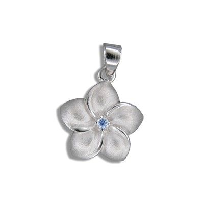 Sterling Silver Hawaiian 15MM Plumeria with Blue CZ Design Pendant