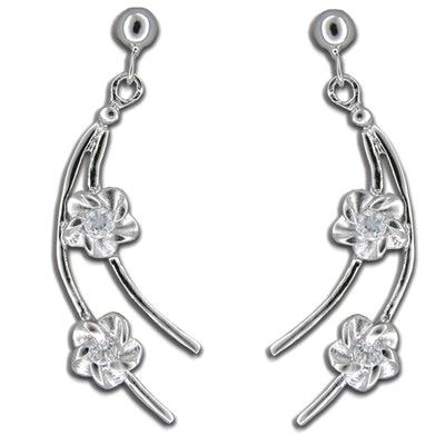 Sterling Silver Hawaiian Plumeria on Branch Design Drop Earrings