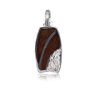 Sterling Silver Hawaiian Koa Wood Bodyboard Shaped Engraved on the Right Side Pendant