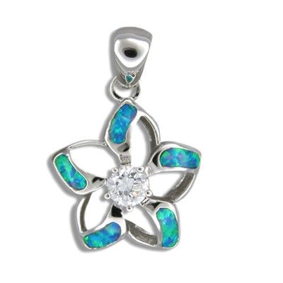 Sterling Silver Hawaiian Cut-in Blue Opal Fancy Plumeria Pendant with CZ