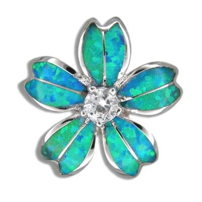 Sterling Silver Hawaiian Blue Opal Plumeria Pendant with CZ