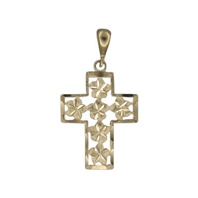 14kt Yellow Gold Hawaiian Plumeria with Outline Cross Pendant 