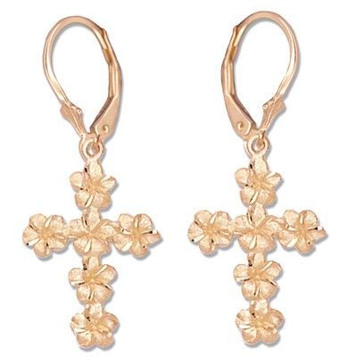 14kt Rose Gold Plumeria Leis Cross Lever Back Earrings