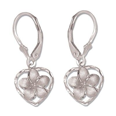 14kt White Gold Plumeria Heart Lever Back Earrings