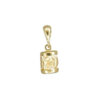 14kt Yellow Gold Hawaiian Sanded Plumeria Lucky Dangling Barrel Pendant (S)