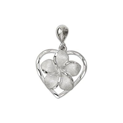 14Kt White Gold Hawaiian 15mm Plumeria Heart Pendant