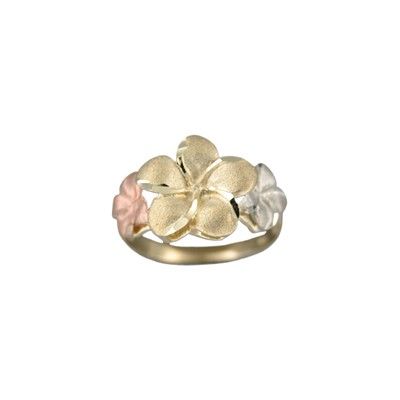 14kt Tri-Color Gold Triple Hawaiian Plumeria Flowers Ring (L)