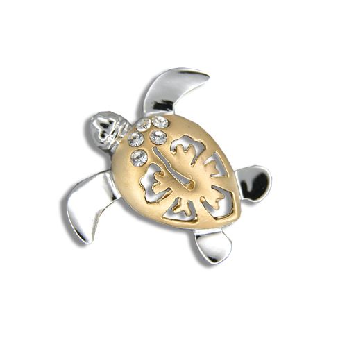 14KT Yellow Gold Diamond Hawaiian Hibiscus Honu Pendant (M)