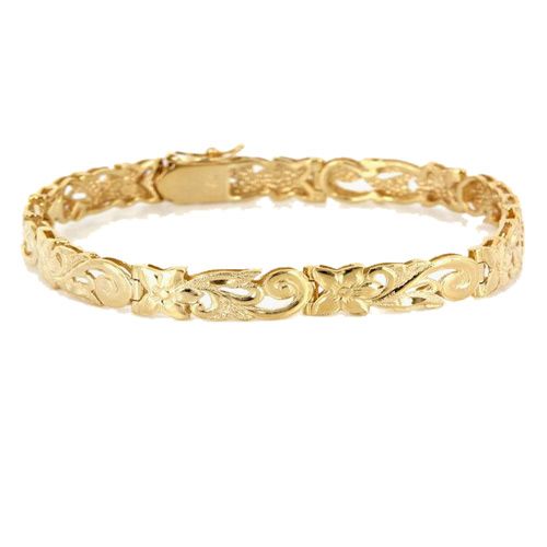 14KT Yellow Gold Hawaiian Plumeria and Cut-In Scroll Design Bracelet with Box Clasp