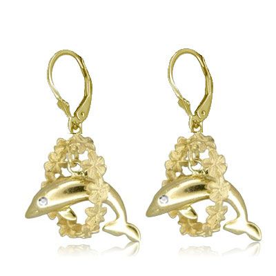 14kt Yellow Gold Hawaiian Dolphin Leis Lever Back Earrings