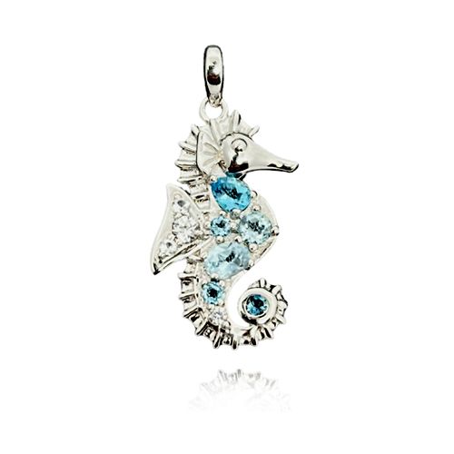 Sterling Silver Mixed Shades Blue Topaz Seahorse Pendant