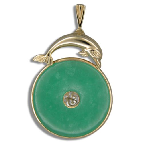 14KT Yellow Gold Dolphin with Good Fortune Symbol and Doughnut Shaped Green Jade Pendant