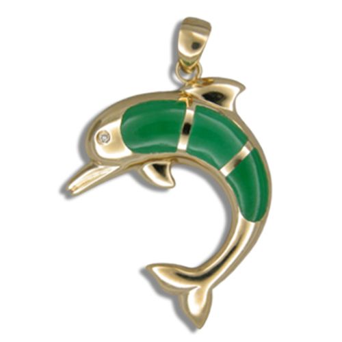 14KT Yellow Gold Green Jade Dolphin Pendant with Diamond