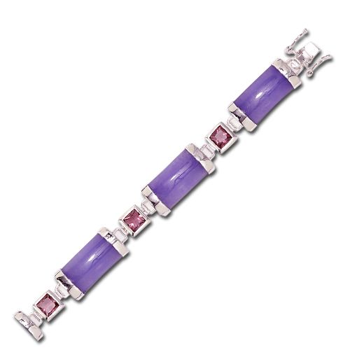 Sterling Silver Good Fortune Purple Jade Bar with Purple CZ Bracelet