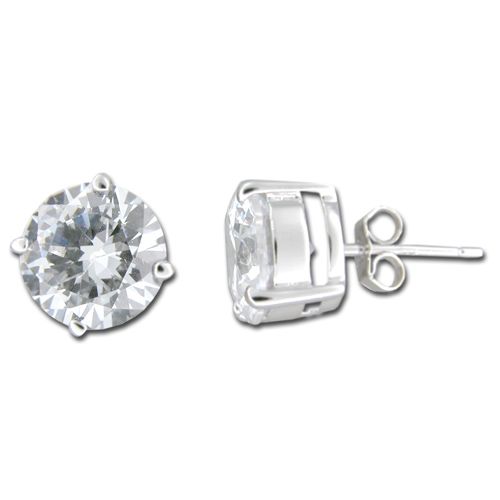 Sterling Silver 10mm Round Cut Clear CZ Stud Earrings 