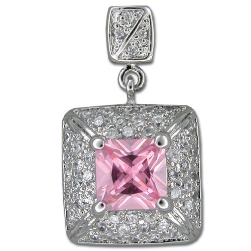 Sterling Silver Vintage Design Square Cut Tourmaline Pink CZ Pendant 