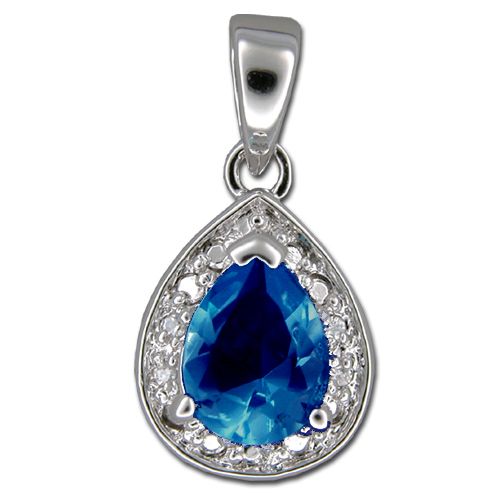 Sterling Silver Tear Drop Shaped Sapphire CZ Pendant 